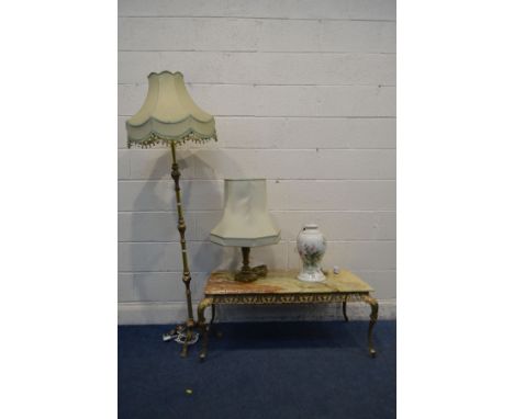 AN ONYX AND BRASS COFFEE TABLE, length 106cm x depth 54cm x height 43cm, a brass standard lamp, brass table another table lam