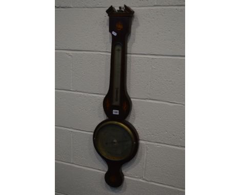 A GEORGIAN MAHOGANY AND SHELL INLAID WHEEL BAROMETER,  the dial signed, P Myers, Optician, Nottingham' with a thermometer, he