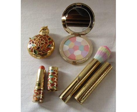 4 piece Guerlain makeup set 'Les Meteorites' consisting of lipstick (used), brush, compact &amp; perfume flask/atomiser