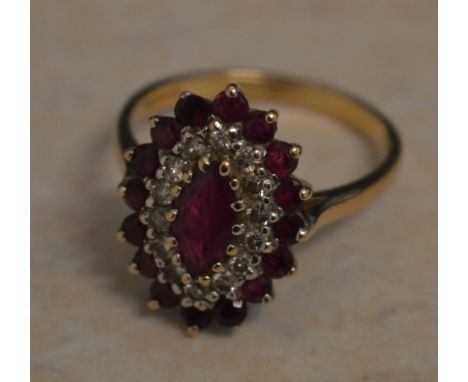 9ct gold modern diamond and ruby cluster ring in an old style setting, total weight approx 3.37g, Ring Size P/Q