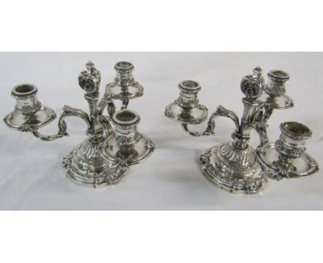 Pair of French silver 3 branch low candelabra marked Bointaburet a Paris (one candle holder requires reattaching and rim of o