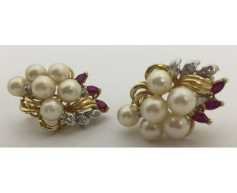 A pair of 14ct diamond, pearl and ruby earrings