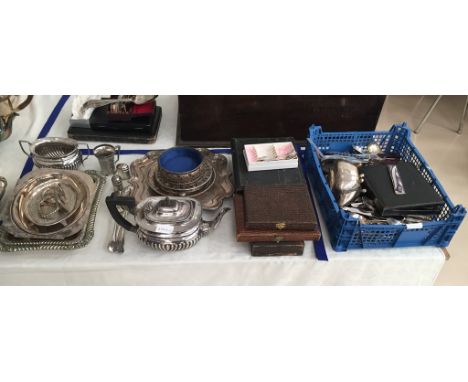 A quantity of plated ware to inc a two-piece tea service, trivet, two entree dishes, cased cutlery and a salver