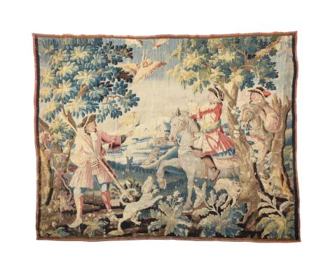 A FLEMISH PASTORAL HUNTING TAPESTRY LATE 17TH CENTURY Fragment- figures on horseback watching birds in flight, standing figur