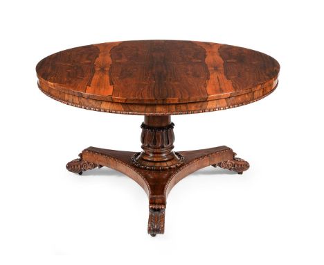Y  A GEORGE IV ROSEWOOD CENTRE TABLECIRCA 1830 69cm high, the top 122cm diameterCondition Report: Looks to have had a clean a