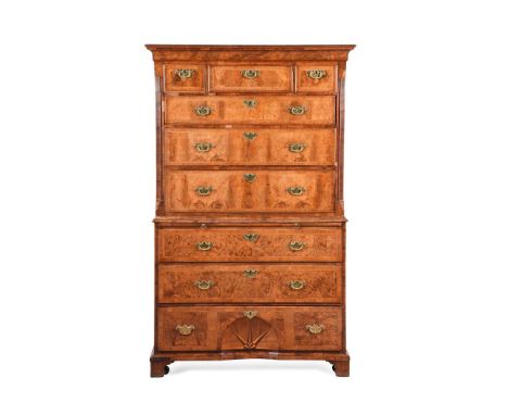 A GEORGE II BURR AND FIGURED WALNUT CHEST ON CHESTCIRCA 1740Incorporating a 'compass dial parquetry' inlaid concave element t
