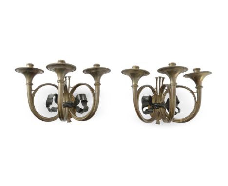 A PAIR OF FRENCH THREE LIGHT 'FRENCH HORN' WALL LIGHTS LATE 19TH CENTURY Each modelled as a ribbon tied set of three horns, t