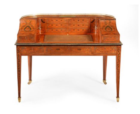 Y A VICTORIAN SATINWOOD AND POLYCHROME PAINTED CARLTON HOUSE DESKIN GEORGE III STYLE, SECOND HALF 19TH CENTURYThe leather ins