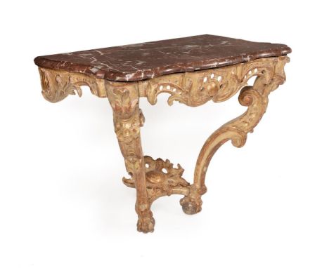 AN ITALIAN CARVED GILTWOOD CONSOLE TABLE POSSIBLY PIEDMONT, MID 18TH CENTURY With Portasanta marble top 79cm high, 99cm wide,