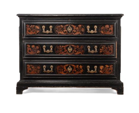AN ITALIAN EBONISED AND MARQUETRY SECRETAIRE CHESTPOSSIBLY FLORENCE, LATE 18TH/EARLY 19TH CENTURYThe secretaire drawer with f