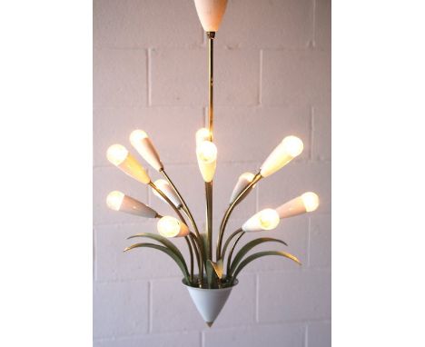 An original 1950's Italian retro vintage toleware chandelier ceiling light lamp fixture of brass construction comprising a ce