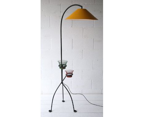 A rare original 1950's retro vintage floor standing standard lamp having a mustard yellow metal conical pendant shade raised 