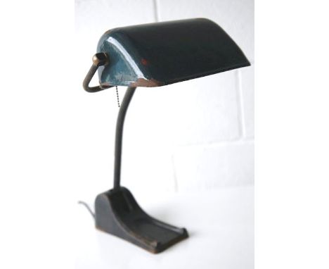 Hellux - A 1920's art deco vintage industrial bankers desk lamp / wall light comprising black steel footed base, black painte
