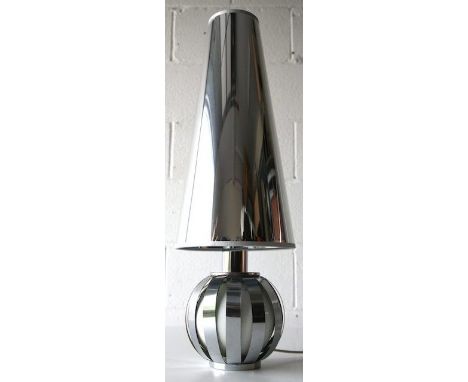 A 1970's Italian retro vintage chrome table lamp having a bulbous spherical body comprising of chromed vertical bands with a 