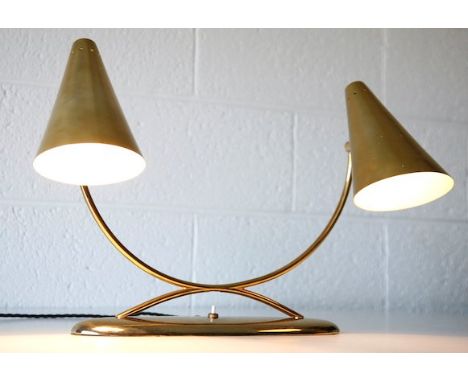 Laurel - A 1960's American retro vintage brass twin desk lamp having a elliptical base with switch supporting a ' X ' frame w