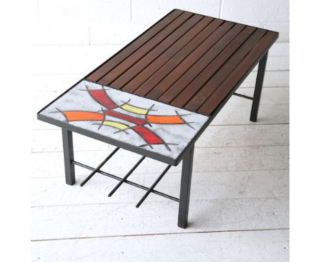 MJR - An original 1960's retro vintage coffee table / bench having a slatted seat / tabletop with ceramic tile signed MJR wit