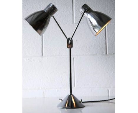 Jumo - A 1950's retro vintage chromed twin / dual / partners table / desk lamp comprising of two chromed aluminium shades, ea