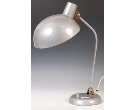 An original 1950's retro vintage industrial factory work desk table lamp having an adjustable grey enamel coated bowl shaped 