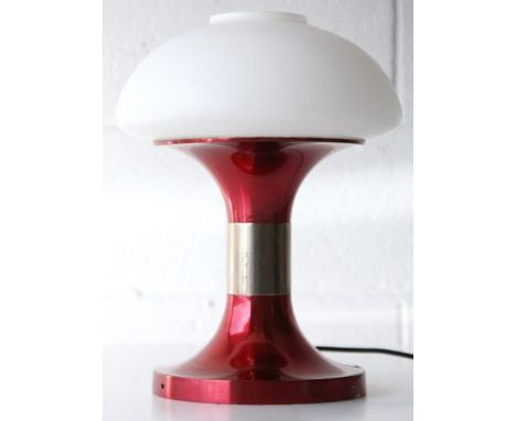 An original 1970's retro vintage desk table work lamp having a white opaque glass mushroom form shade with double trumpet / t