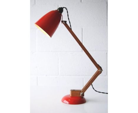 Terence Conran - Maclamp - A 1960's retro vintage angle poise desk / table lamp having a red rounded dome base supporting woo