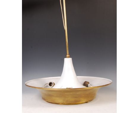 A 1950's retro vintage industrial ceiling drop pendant light of brass construction with trumpet shape upper part with brass p