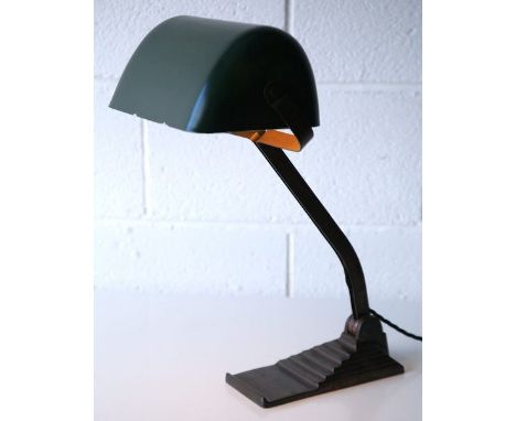 ERPE - A vintage 1930's Belgian art deco vintage industrial table / desk bankers lamp comprising of a cast stepped footed bas