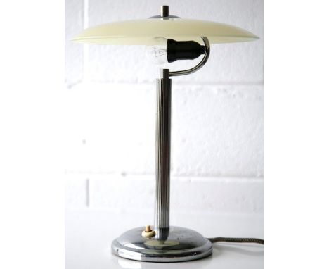 An original early 20th century 1930's Art Deco retro vintage chrome table desk lamp having a yellow opaline glass UFO / mushr