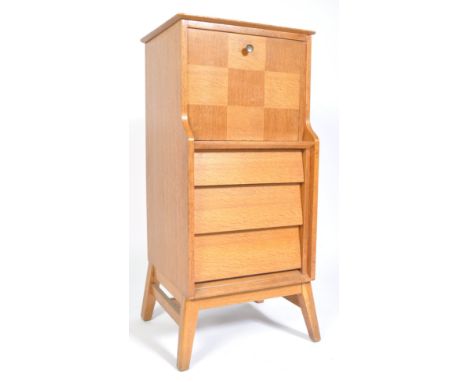 Beautillity - An original retro vintage 1950's tiger oak wood cocktail cabinet comprising of parquetry type drop down door ha