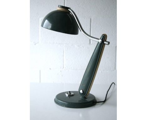 A rare unusual 1950's French retro vintage industrial factory table desk work lamp light having a grey coated pendant shade w