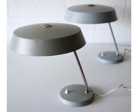 Szarvasi Vas Fémipari - A rare pair of original 1950's Hungarian retro vintage work desk lamps having grey enamel UFO pendant