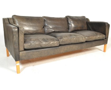 After Borge Mogensen - A1970's Danish retro vintage three seater sofa settee having a beech frame with black leather upholste