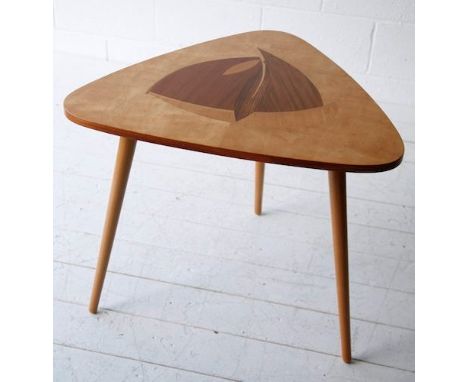 A stunning 1950's retro vintage side / lamp / coffee table of triangular form with specimen wood design to top depicting a bo