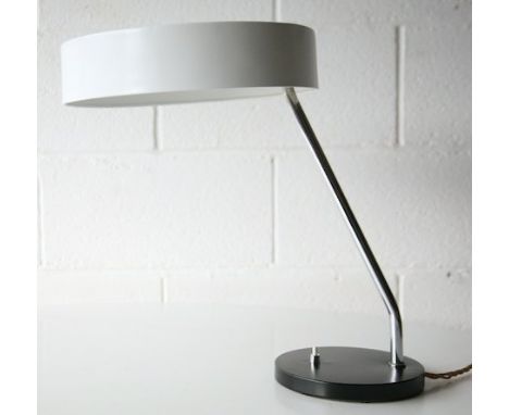 A 1950's designer retro vintage large desk / table / reading lamp comprising of a white aluminium large round and shallow sha