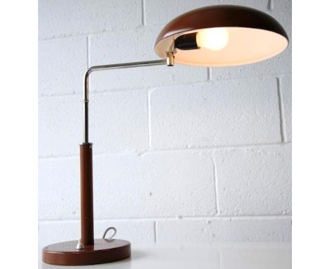 An unusual original 1970's retro vintage designer table desk lamp having a chocolate brown enamel UFO / mushroom / domed shad