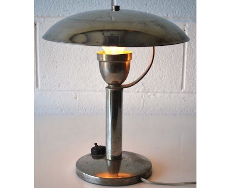 An original early 20th century 1930's Art Deco retro vintage table desk lamp having a chrome and white enamel UFO / mushroom 