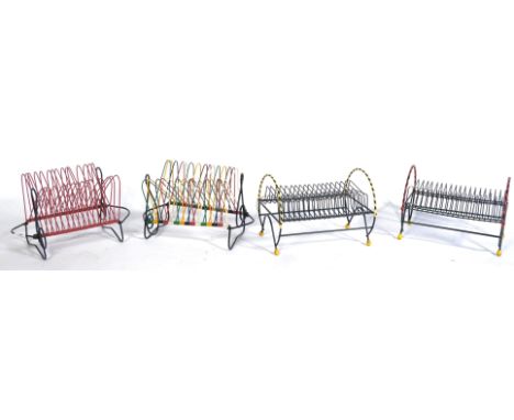 A collection of four original 1960's retro vintage sputnik atomic record racks of tubular wire work construction comprising a