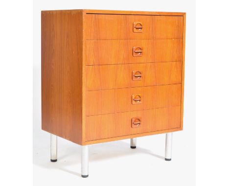 An original 1960's / 1970's retro vintage teak wood small chest of drawers. The straight bank of five drawers having square f