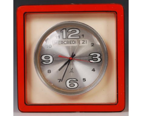 Jaz Electronic - A 1960's French retro vintage battery operated wall clock of square form with round aluminium round framed f