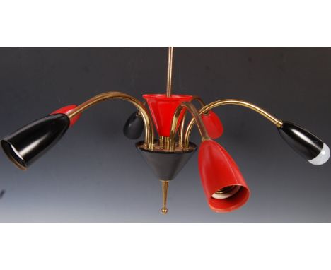 A 1950's French retro vintage sputnik atomic brass and plastic six arm chandelier ceiling light fixture comprising of a centr