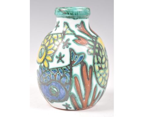 Ela Monsen - Oslo - A mid 20th century Norwegian Scandinavian retro vintage studio art pottery vase having an enamel fish and