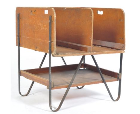 A mid 20th century vintage industrial plywood and metal post office mail sorting unit comprising of twin sectional sorting op