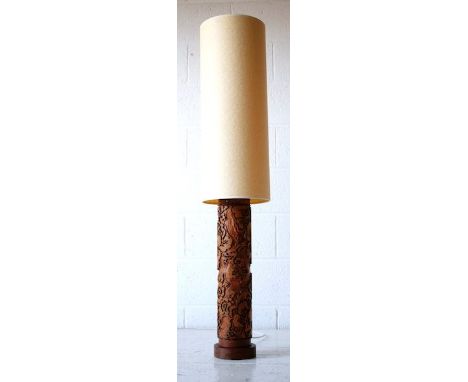 A rare 1960's French retro vintage large table / floor standing lamp light constructed from a large wooden wallpaper roller w