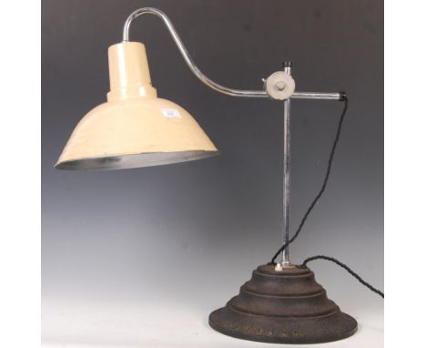 Perihel - An original 1940's retro vintage industrial heat lamp converted to a desk light having a ribbed conical cream ename