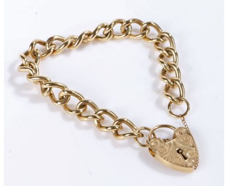 9 carat gold large chain link bracelet with a heart locket, weight 34.0 grams&nbsp;