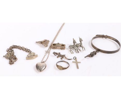 Collection of silver and white metal jewellery to include a charm bracelet and loose charms, ring child's bangle heart shaped