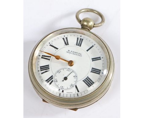 H. Samuel white metal cased open face pocket watch, the white enamel with black roman numerals and subsidiary dial, engine tu