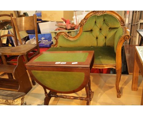 Small reproduction walnut chaise longue and a reproduction mahogany drop leaf sofa table. Not available for in-house P&amp;P 