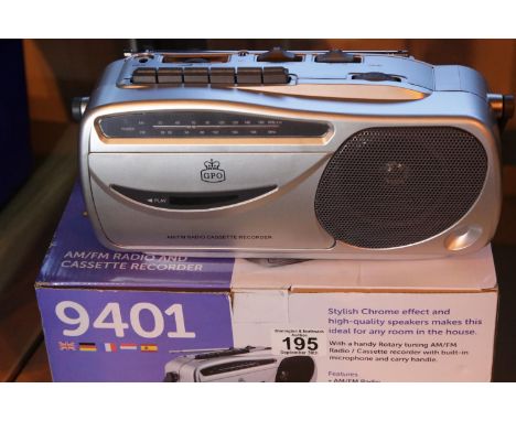 Silver, radio cassette recorder with AM/FM Radio, boxed. GPO9401.  In working order. Not available for in-house P&amp;P. 