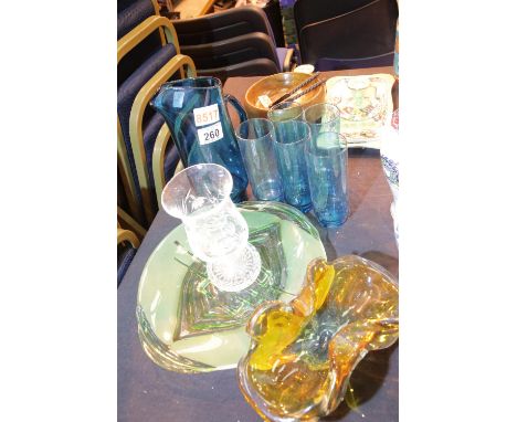 1970s turquoise glass lemonade set and a crystal tea light holder and shade. Not available for in-house P&amp;P. 