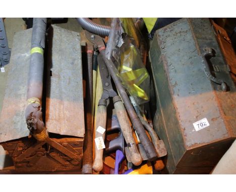 Two metal toolboxes of mixed hand tools, joiner saws and garden tools. Not available for in-house P&amp;P. 